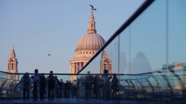 Blick auf die St. Pauls Kathedrale, von der Millennium Bridge, London — Stockvideo