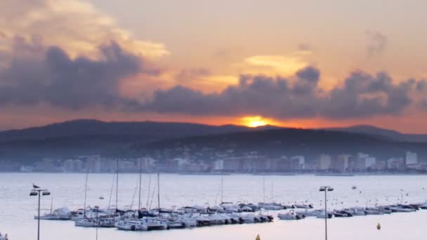 Palamos의 해안 도시에 항구를 통해 태양 설정 — 비디오
