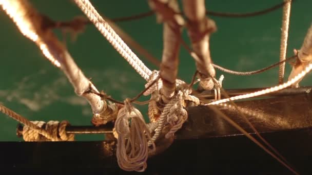 Aboard an old wooden pirate ship out at sea — Stock Video