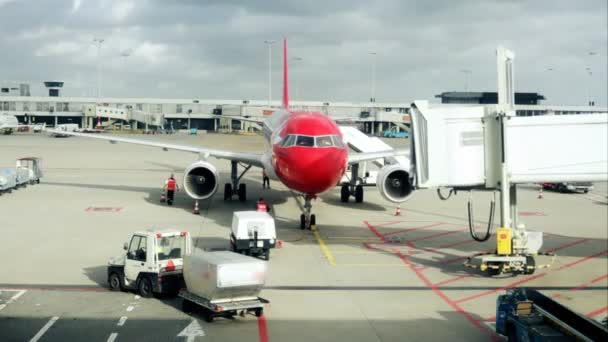 Avião que chega ao terminal no aeroporto de Zurique — Vídeo de Stock