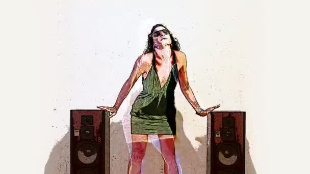 Stop-Motion einer sexy Frau, die mit riesigen Lautsprechern tanzt — Stockvideo