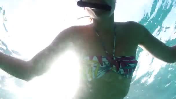 Jovem está nadando em um parque marinho — Vídeo de Stock