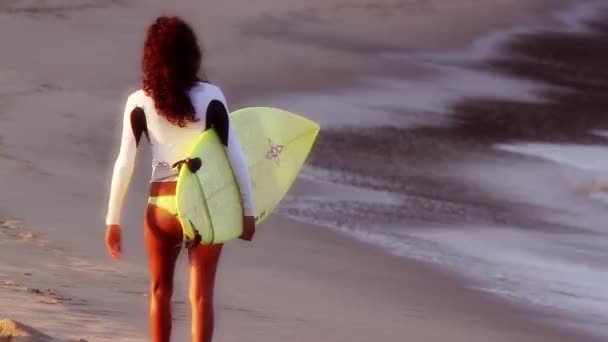 A cool surfer chick shot from behind in mexico — Stock Video