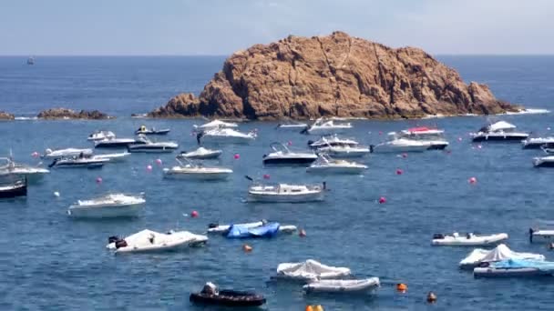 Barcos atracados no mar em tossa del mar, Espanha — Vídeo de Stock