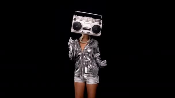 Woman with ghettoblaster as a head — Stock Video