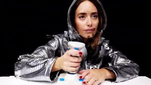 Woman with silver hoodie with arcade joystick — Stock Video