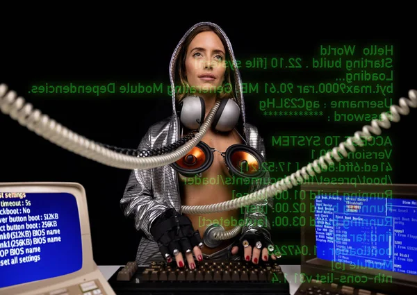 Woman with crazy costume typing on keyboard — Stock Photo, Image