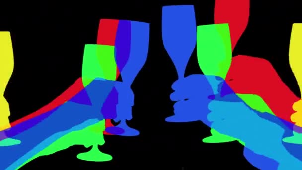 Colourful champagne glasses making cheers against black — Stock Video