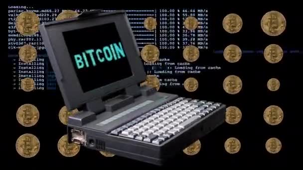 Vintage laptop spinning with bitcoin word on screen — 图库视频影像
