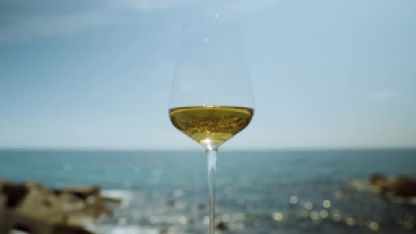 Vino blanco en copa contra el mar — Vídeo de stock