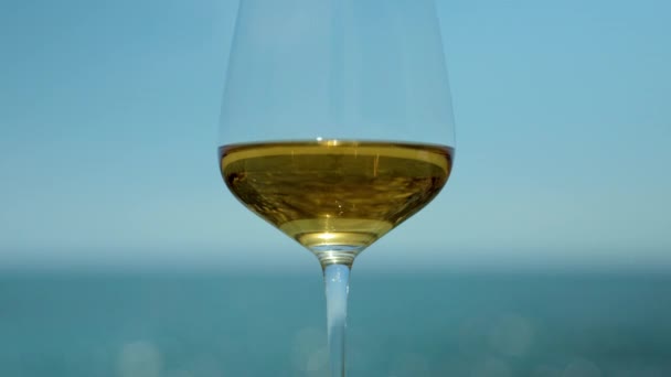 Vino blanco en copa contra el mar — Vídeo de stock