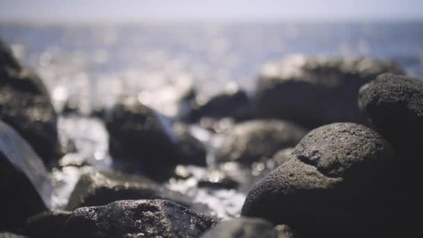 Volcanic rock beach and sea in canary islands — Stockvideo