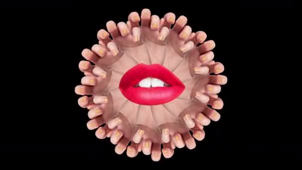 Кілька рук і жіночі червоні губи — стокове відео