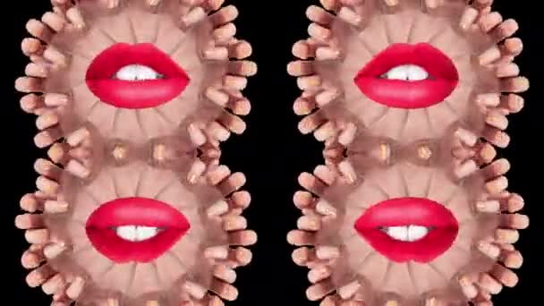 Flera händer och kvinnliga röda läppar — Stockvideo