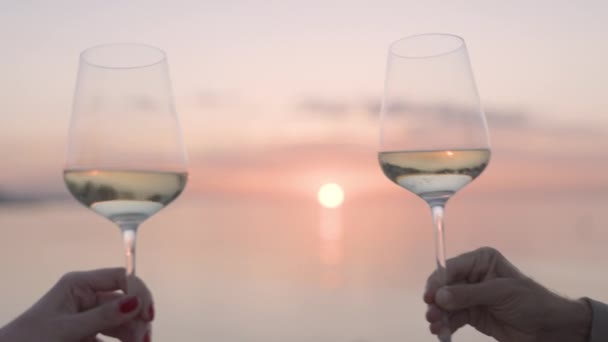 Händer gör skål med vin i glas mot havet — Stockvideo