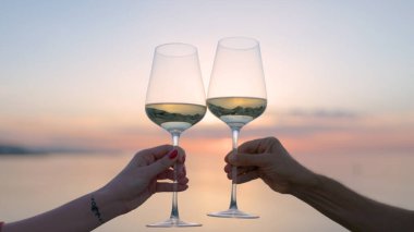 Hands making cheers with wine in glass against the sea clipart