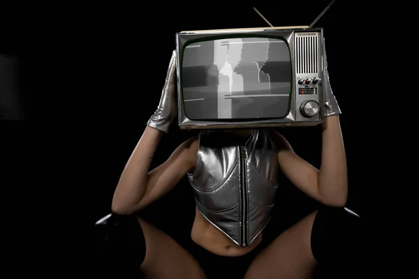 Woman Television Head Static Screen — Stock Photo, Image