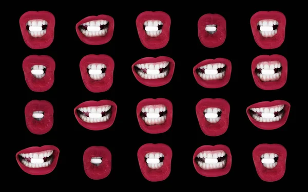 Sequence of different images of womans beautiful full red lips with white pill in between the teeth