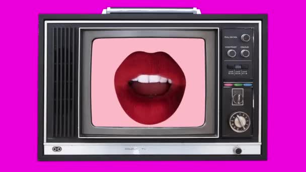 Uma Coleção Televisores Mudando Com Lábios Vermelhos Beijando Tela — Vídeo de Stock