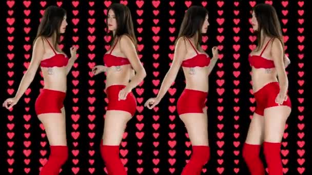 Кілька Копій Жінки Яка Танцює Червоній Білизні Серцями Задньому Плані — стокове відео