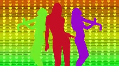 Renkli siluet içinde dans eden bir kadının gölge dansçısı videosu.