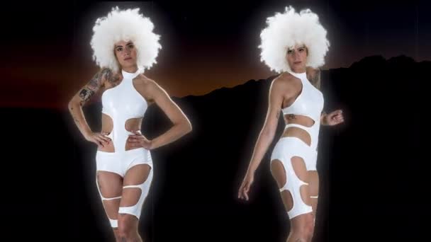 Sensual Woman Dancing Wearing White Costume Amazing Nature Scene Background — Vídeo de stock