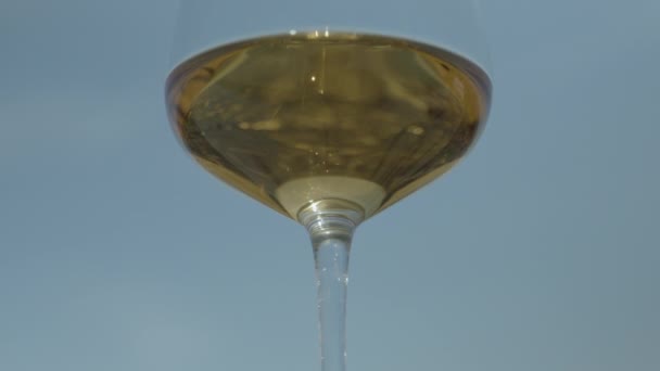 Een Wijnglas Met Witte Wijn Met Sprankelende Zee Lucht Achtergrond — Stockvideo