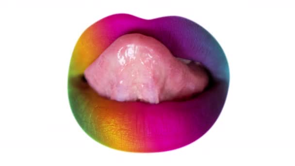 Woman Licking Her Rainbow Painted Lips Her Tongue — Vídeo de stock