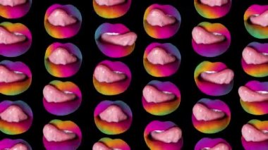 A woman licking her rainbow painted lips with her tongue made into repeating pattern