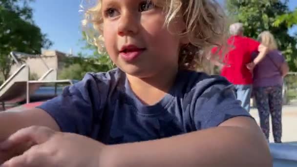 Uma Menina Pequena Girando Uma Rotunda Parque — Vídeo de Stock