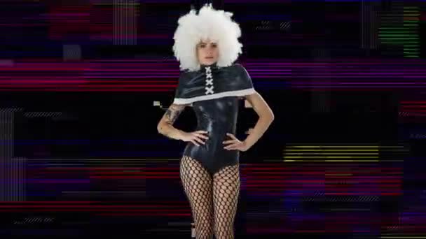 Beautiful Female Burlesque Dancer Gothic Black Costume Glitching Black Background — Stock video