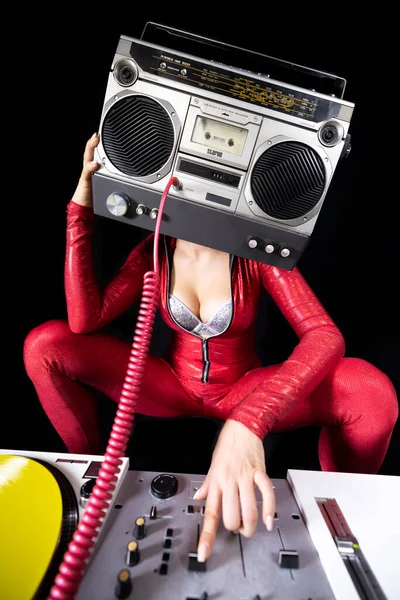 Female Playing Ghettoblaster Head Dancing Turntables — ストック写真