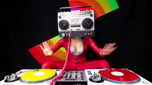 Female Playing Ghettoblaster Head Dancing Turntables — Stok video