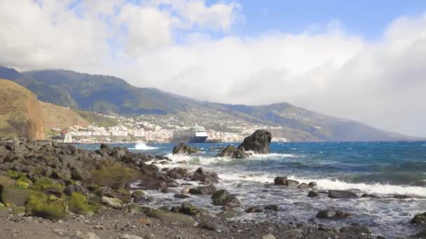 Santa Cruz Palma Canary Islands Beach Cruise Ship Docked Port — 图库视频影像