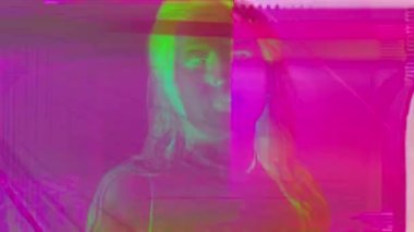 Close-up of a beautiful female disco dancer listening to music with overlayed disco light trails