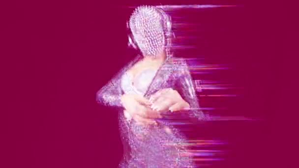 Amazing Female Dancer Spiked Mask Black Background Aged Film Overlayed – stockvideo