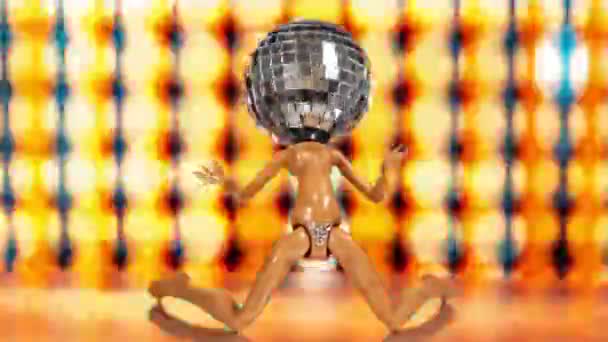 Sparkling Doll Discoball Head Dances Abstract Lights Background — Stock video