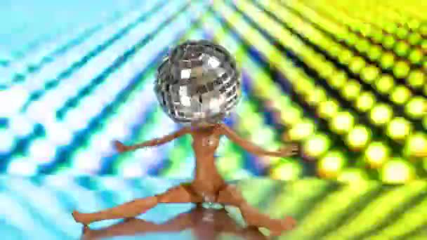Sparkling Doll Discoball Head Dances Abstract Lights Background — 图库视频影像