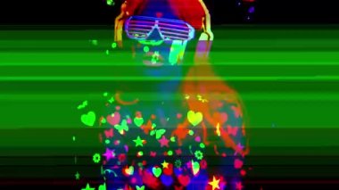 A mix of different images of a cyber raver dancer filmed in fluorescent clothing under UV black light