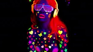 A mix of different images of a cyber raver dancer filmed in fluorescent clothing under UV black light