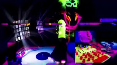 A mix of different cyber raver dancers and Djs filmed in fluorescent clothing under UV black light