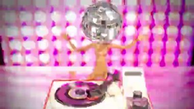 A sparkling DJ doll with a discoball head dances with a record turntable glitching