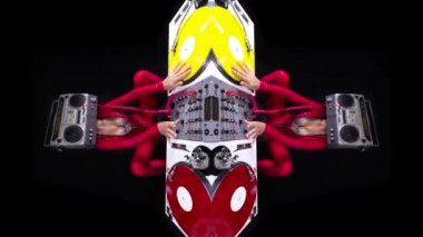 A female dj playing with a ghettoblaster for a head dancing with turntables