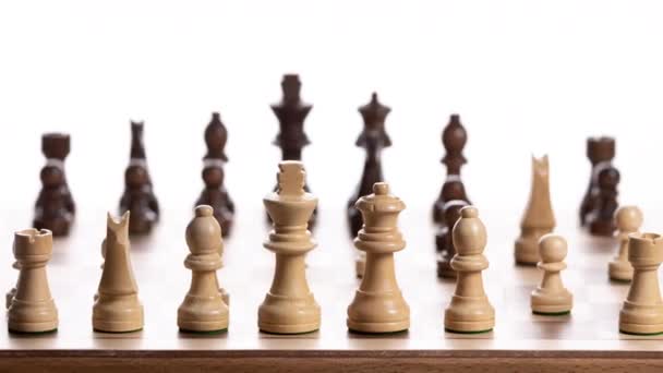 Close Chess Board White Background Pieces Moving Stop Motion — Stock videók