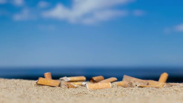 Cigarettadarabok Leálltak Egy Halomban Hagyták Őket Egy Gyönyörű Tengerparton — Stock videók