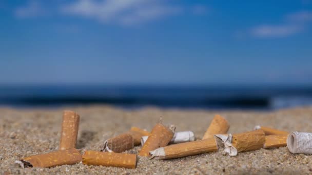 Zastavený Pohyb Cigaretových Pahýlů Spadl Hromadu Krásnou Pláž — Stock video