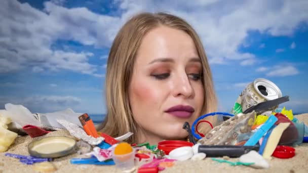 Pretty Woman Buried Her Head Beach Covered Trash Plastic Waste — Stock Video