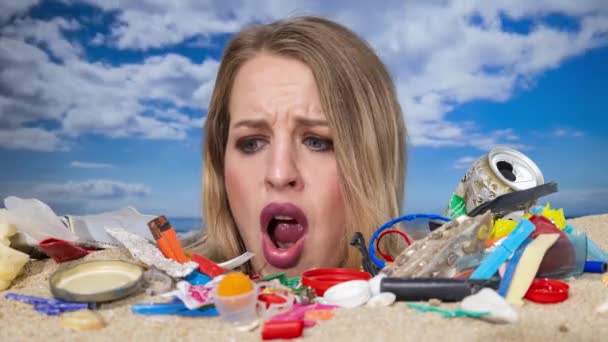 Pretty Woman Buried Her Head Beach Covered Trash Plastic Waste — Stock Video