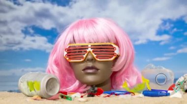 Plaj çöplük ve çöplerle dolup taşarken kuma sıkışmış plastik bir kadın manken kafası.