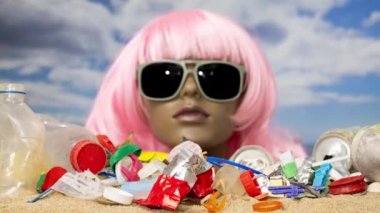 Plajda çöp ve çöp dolu plastik bir kadın manken kafası vardı.